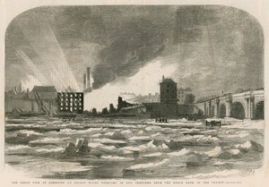 Il grande incendio a Bankside venerdì notte, 14 febbraio 1855, schizzato dalla riva nord del Tamigi da English School