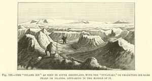 Il ghiaccio interno visto in Groenlandia meridionale, con i Nunataks, o picchi o isole senza ghiaccio che sporgono nel mezzo