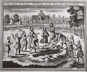Il modo di seppellire Wm Wiseman nei campi, morto in prigione, illustrazione da Foxes Martyrs c.1703 da English School