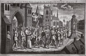 Il modo di portare Nicholas Burton attraverso la città di Siviglia al luogo del suo martirio, illustrazione da Foxes Martyrs c.1703 da English School