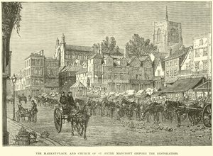 La piazza del mercato e la Chiesa di San Pietro Mancroft, prima del restauro da English School