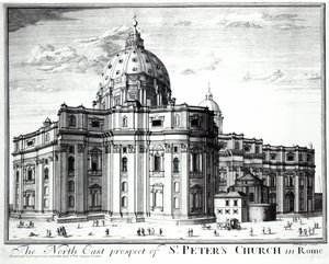 La prospettiva nord-est della Chiesa di San Pietro, Roma, inciso da H. Hulfbergh da English School