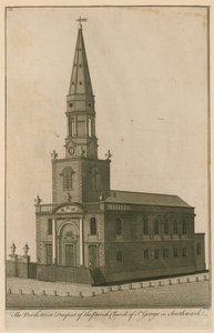 Prospetto nord-ovest della chiesa parrocchiale di San Giorgio a Southwark, Londra da English School
