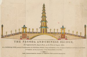 La pagoda e il ponte, come appariva in St Jamess Park, Londra, il 1 agosto 1814