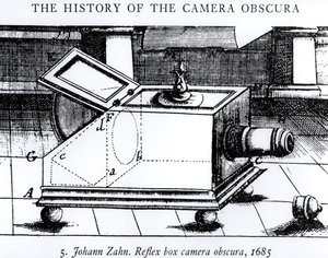 La reflex box camera obscura di Johann Zahn, 1685, da The History of the Camera Obscura da English School