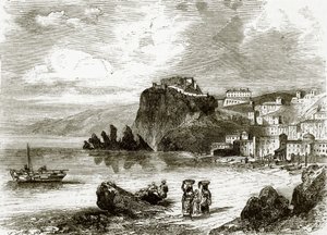 La roccia e la città di Scilla, costa della Sicilia