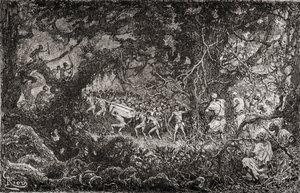 Gli esploratori della spedizione di soccorso di Emin Pasha di Sir Henry Morton Stanley, in Africa nel 1888, scoprono Pigmei che trasportano una cassa di munizioni, pub. 1890 da English School