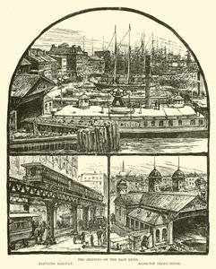 Il traffico sul Fiume East; Ferrovia Elevata; Casa del Traghetto di Hamilton da English School