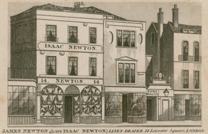 La vetrina di Isaac Newton, venditore di lino di 14 Leicester Square, Londra
