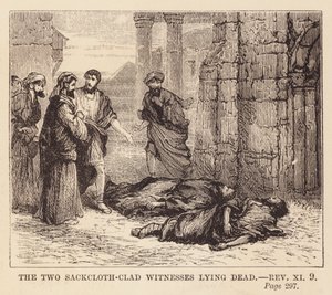 I due testimoni vestiti di sacco che giacciono morti (incisione) da English School