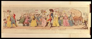 Le donne di Les Halles che portano Luigi XVI (1754-93) da Versailles, pubblicato da S.W. Fores, 1789 (incisione colorata a mano) da English School