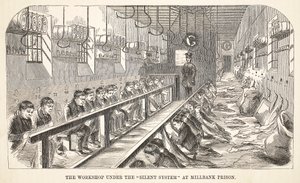 Il laboratorio sotto il Sistema Silenzioso alla prigione di Millbank, illustrazione da The Criminal Prisons of London and Scenes from Prison Life di Henry Mayhew e John Binny, pub. 1862 da English School