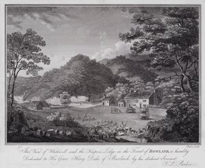 Questa vista di Whitewell e la casa del guardiacaccia nella foresta di Bowland, è umilmente dedicata a Sua Grazia Henry Duca di Buccleuch, dal suo obbediente servitore J L Parker da English School