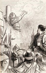Thomas Hawkes bruciato sul rogo durante le Persecuzioni Marian, c.1865 da English School
