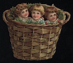 Tre bambini in un cesto, cartolina di auguri di Capodanno da English School