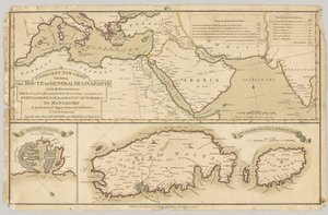 Tre mappe colorate stampate: Nuova Carta di Fairburn che mostra il percorso del Generale Bonaparte nel Mar Mediterraneo, 1798 da English School