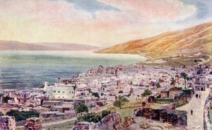 Tiberiade e il Mare di Galilea, Israele, c.1910 (litografia a colori) da English School