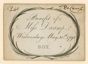 Biglietto per il Drury Lane Theatre, Londra: Beneficio di Miss Decamp, 30 maggio 1798 da English School