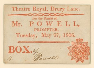 Biglietto per il Drury Lane Theatre, Londra: Per il beneficio di Mr Powell, suggeritore, 27 maggio 1806