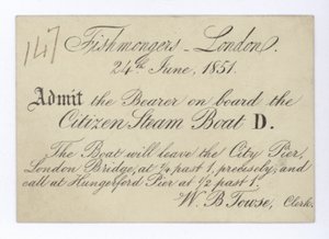 Biglietto per i pescivendoli di Londra per fare un giro in barca sul Citizen Steam Boat, 24 giugno 1851