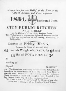 Biglietto emesso ai poveri per ricevere carbone e patate dalla Cucina pubblica della città, New Street, Londra, 1834