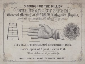 Biglietto per un evento per ascoltare gli allievi del "Metodo di insegnamento del canto di Wilhem" - il metodo scritto dal compositore inglese John Pyke Hullah (litografia)