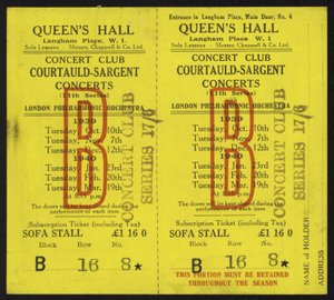 Biglietto per i concerti Courtauld-Sargent, Queens Hall, Langham Place, Londra, 1939-1940 da English School