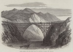 Ponte di legno sul fiume Wai-Au-Ua, provincia di Nelson, Nuova Zelanda (incisione)