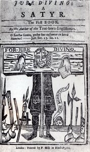 Pagina del titolo del primo libro di Jure Divino - Una satira di Daniel Defoe (1660-1731) pubblicata nel 1706 da English School