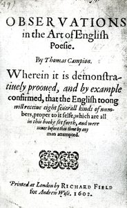 Pagina del titolo per Observations in the Art of English Poesie di Thomas Campion, pubblicato nel 1602 da English School