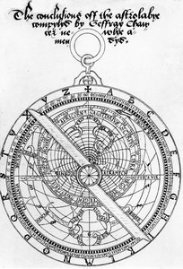 Pagina del titolo per The Conclusions of the Astrolabye Compylyd di Geoffrey Chaucer Newlye Amendyd di Walter Stevins, c.1555 da English School