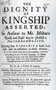 Pagina del titolo per The Dignity of Kingship Asserted di G.S. a Lover of Loyalty, pubblicato nel 1660