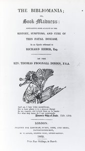 Pagina del titolo di The Bibliomania di Rev. Thomas Frognall Dibdin, pubblicato 1809 da English School