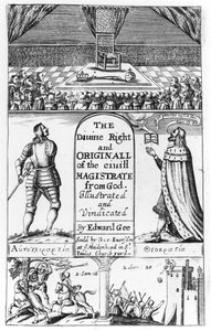 Pagina del titolo di The Divine Right and Original of the Civil Magistrate from God, inciso da Edward Gee, 1658 da English School