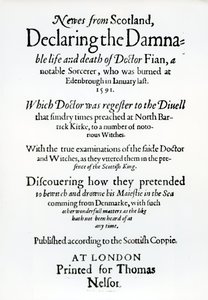 Pagina del titolo Newes from Scotland, Dichiarando la vita dannata e la morte del Dr Fian da English School
