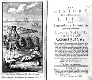 Pagina del titolo e frontespizio per La storia della vita più straordinaria e delle avventure straordinarie del veramente onorevole colonnello Jaque di Daniel Defoe, 1738