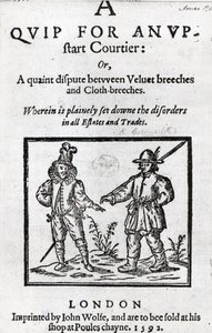 Pagina del titolo per A Quip for an Upstart Courtier di Robert Greene, 1592 da English School