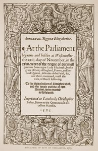 Pagina del titolo di Acts of Parliament, stampata da Christopher Barker (1528-99), 1585 da English School
