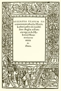Pagina del titolo del libro di Enrico VIII contro Lutero da English School