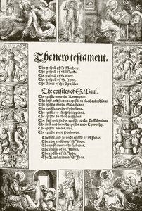Pagina del titolo del Nuovo Testamento di William Tyndale, stampato negli anni 1530, da The National and Domestic History of England di William Hickman Smith Aubrey, pubblicato a Londra, c.1890 da English School