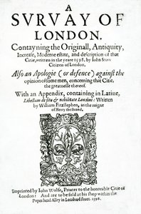 Pagina del titolo di A Survey of London di John Stow, pubblicato nel 1598 da English School