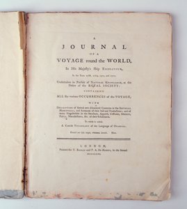 Frontespizio di Un Diario di un Viaggio Intorno al Mondo sulla Nave di Sua Maestà Endeavour negli Anni 1768, 1769, 1770 e 1771, pubblicato a Londra, 1771 da English School