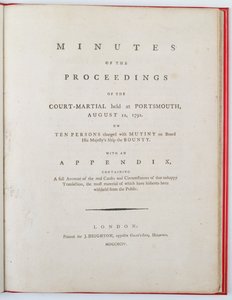 Frontespizio dei Verbali del processo della corte marziale tenutosi a Portsmouth, 12 agosto 1792, pubblicato a Londra, 1794