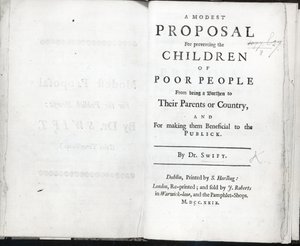 Pagina del titolo di Una modesta proposta di Jonathan Swift, pubblicata nel 1729