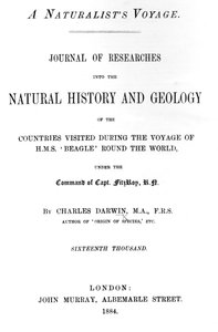 Pagina del titolo di A Naturalists Voyage Around the World di Charles Darwin, edizione pubblicata nel 1884 da English School