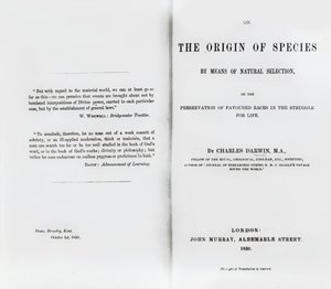 Pagina del titolo di On the Origin of Species di Charles Darwin, pubblicato nel 1859 da English School