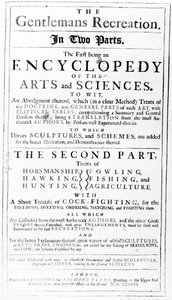 Pagina del titolo di The Gentlemans Recreation pubblicato da Richard Blome, 1686 da English School