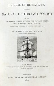 Pagina del titolo di The Voyage of the Beagle di Charles Darwin, edizione pubblicata nel 1890 da English School