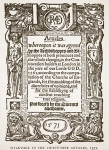 Pagina del titolo dei Trentanove Articoli, 1571, illustrazione da The Church of England: A History for the People di H.D.M. Spence-Jones da English School
