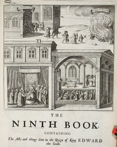 Pagina del titolo del nono libro, illustrazione da Atti e Monumenti di John Foxe, nona edizione, pub. 1684